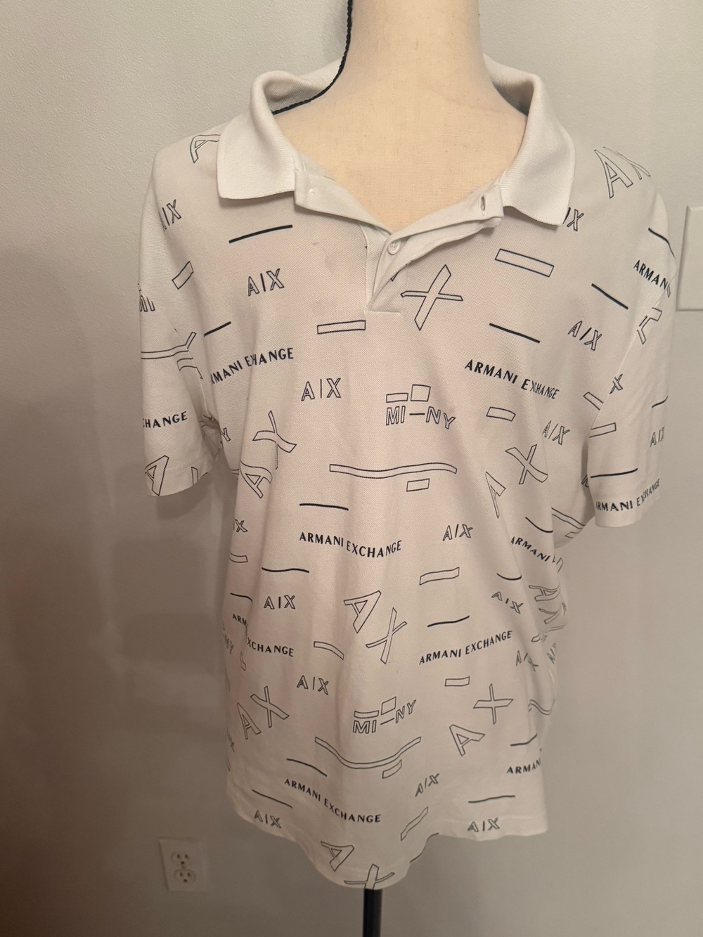 Armani Exchange White Polo with black Logo Print /Large (fits more like medium)